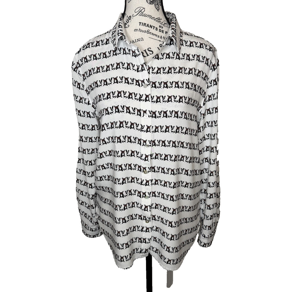 Jane & Delaney Women’s Blouse Medium French Bulldog Print Long Roll Tab Sleeves